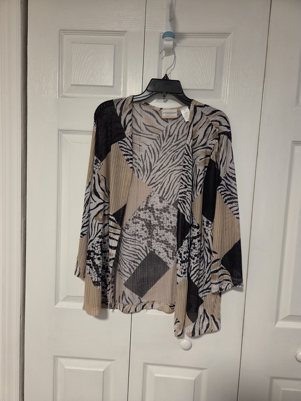 Alfred Dunner Beige Black Mixed-Print Open Front Tunic